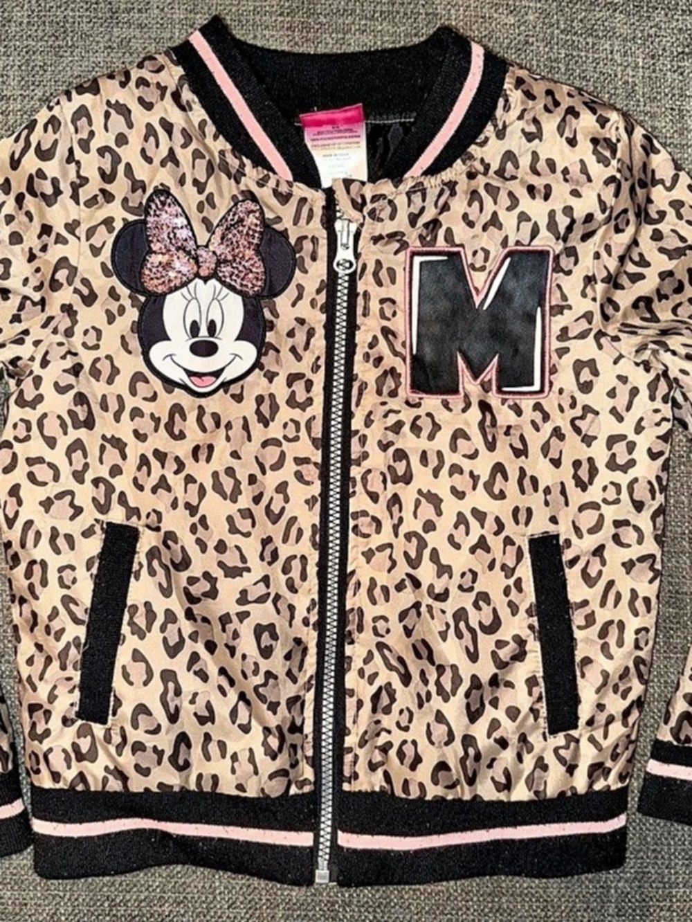 Disney Minnie Mouse Leopard Print Bomber Jacket Girls 5/6 Like New